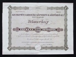 Kecskeméti Gazdasági Gőzmalom és Gőzfürdő részvény 100 pengő 1927 - Kecskemét