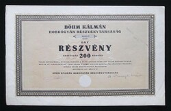 Böhm Kálmán Hordógyár Részvénytársaság részvény 200 korona 1923