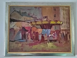 Rudolf Ullik 1900-1996 osztrák olaj vászon festmény lovas körhinta jelenet