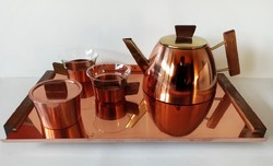 Erich Kolbenheyer modernista/bauhaus vörös/sárgaréz/teakfa teáskészlet 1950 Austria Bécs