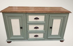 Vintage larger chest of drawers, with a discreet pattern, cast iron handles, olive color