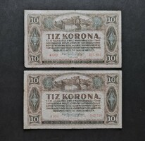 2 x 10 Korona 1920, VG (sorszámaikban pont)