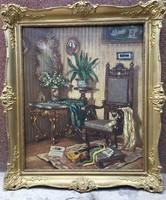 Apátfalvi Czene János : Szoba belső, különlegesen szép szín összeállítású olaj festmény