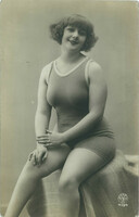 Art deco, French, black and white postcard, photo card. Lady in swimsuit.