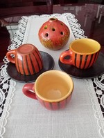 Retro  zalai  /  Tófej  kerámiák     - 7 db:  kávés csészék, csészealjak, ikebana - váza, teknős