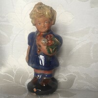 Old, retro Szécs ceramic little girl figurine with a bouquet of flowers - little girl with flowers