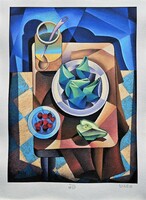 Leo Vinkó - Cubist still life (pear, honey, cherry) 34 x 24.5 cm computer print, embossed paper