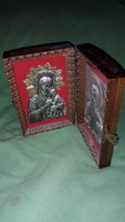 Antique beautiful homemade altar metal plate with relief icons in a carved wooden box with a buckle as shown in the pictures