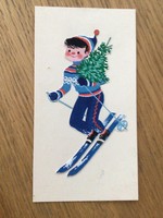 Károly Kecskeméty original postcard design boy skiing 15x8 cm tempera, paper cutout