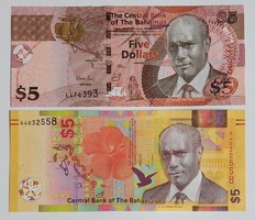2 db Bahama-szigetek 5 dollár UNC bankjegy
