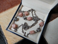 Old long silver necklace with rhodochrosite stones
