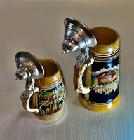 1971!! 2 fabulously beautiful West German hand-painted, Austrian-themed tin lid ceramic beer mugs!