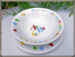 Színes ABC mintás, német porcelán gyerek lapos és mély tányér
