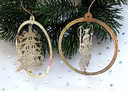 Spatial rotatable laser-cut metal Christmas tree ornament 7cm 2 pcs together