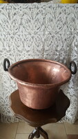 Large antique red copper cauldron, jam pot