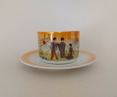 Régi Zsolnay porcelán teás csésze eozin japán minta keleti jelenet hölgyek dekor