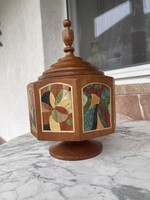 Large special octagonal wooden storage box with colorful inlaid images.