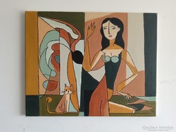 Nő cicával festmény