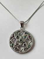 Silver chain with silver pendant with colored zirconia stones