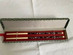Bone and fire enamel Chinese chopsticks in original box.