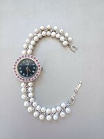 925 Silver women's wristwatch with real pearls and precious stones