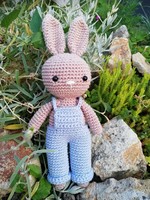 Hand crocheted bunny boy in garden pants