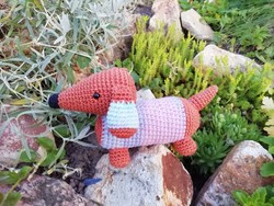 Hand crocheted, colorful dachshund puppy