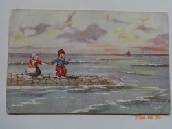 Old graphic greeting card, Dutch children on the pier