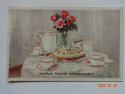 Old graphic birthday greeting card, set table with cake, flowers