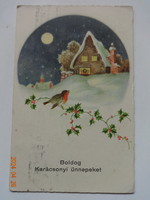 Old Graphic Christmas Greeting Card, Snowy House, Bird (1943)
