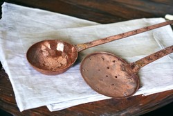 Vintage French handmade copper strainer and ladle set