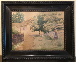 Károly Bereczk - farmyard (signed watercolor)