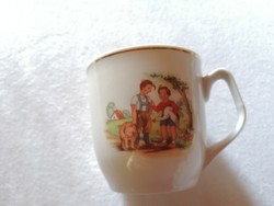 Retro rare moon cup, mug. Small children at the end of the village with a picture of their lives