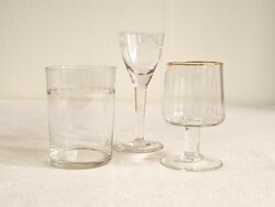 Three different, old, engraved glass brandy cups and wine glasses