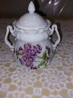 Old beautiful purple floral porcelain, large bonbonnier, biscuit holder, sugar holder