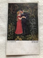 Antik, régi romantikus képeslap - 1918   -  Az első csók                     -6.