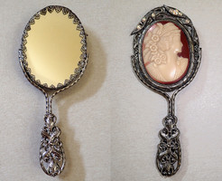 Csodaszép régi vintage ezüst színű díszes köves fém mini kézi tükör camea cameo díszítésű kézitükör