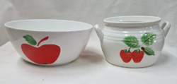 Old granite ceramic trays or bowls with apple and strawberry patterns are sold together
