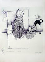István Ef Zámbó - cat with skein 84 x 60 cm computer print, dipped paper