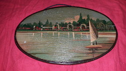 Beautiful antique oil technique painting Balaton wall landscape on wooden log 21x13cm according to the pictures