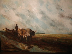 High quality large ox cart oil painting from an unknown painter