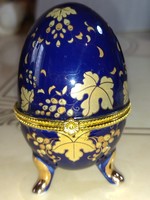 Gyönyörű Szöllő és levél mintás kobalt kék porcelán ékszertartó Szelence tojás alakú