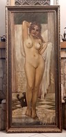 Female nude painting, human-sized oil on canvas, mid-1900s