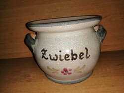 Glazed ceramic pot with handle for storing onions