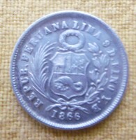 Ezüst Peru 1 Din ritka T1- 1866