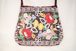 Colorful, hand-embroidered, Kalocsa floral, large-sized, rosette, burgundy wrap, women's shoulder bag with pocket