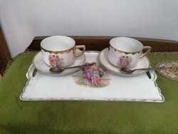 Mythologically significant old Czech porcelain 2-person tea set with tray