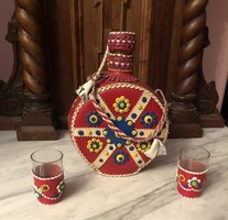 Retro leather-covered pálinka butykos with 2 cups