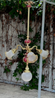 3 karú restaurált aranyozott antik porcelán betétes öntött vas csillár