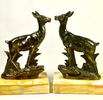 Art deco deer figural marble pedestal bookend statue pair